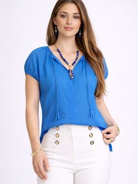 Laura Blue V-Neck Blouse Puff Sleeve Lightweight Summer Top Size 14